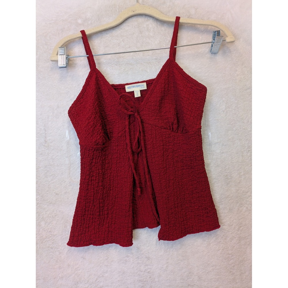 See You Monday Women's Size S Red Cami Tank Top Popcorn Knit‎ Tie Front NWOT